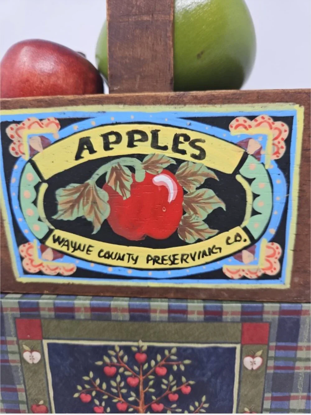 6pc Lot Wayne County Preserving Co Hand Painted Crate 4 Wood Apples & Recipe Box